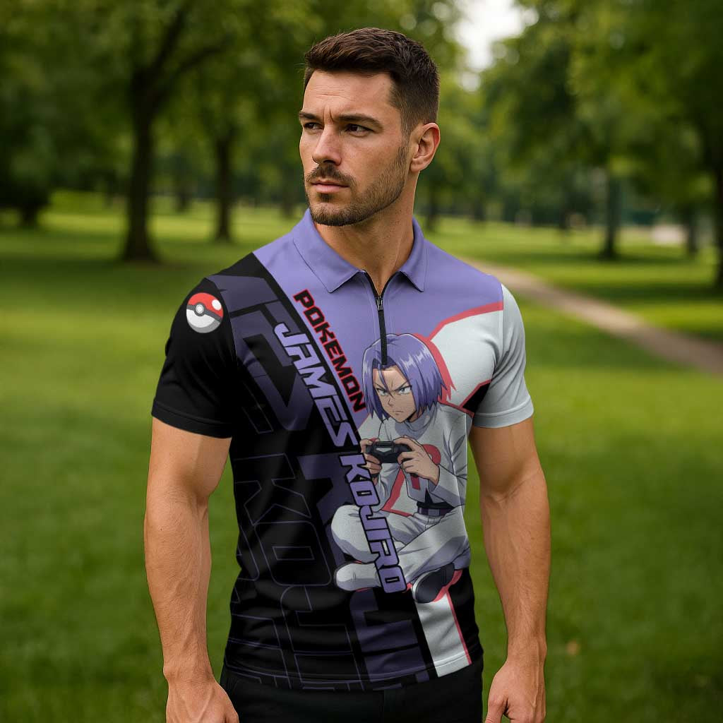 James Kojiro Poké Zipper Polo Shirt Classic Villain Anime Style