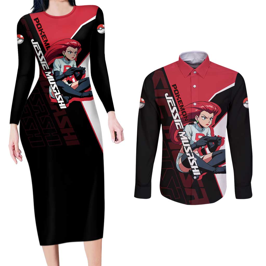 Jessie Musashi Poké Couples Matching Long Sleeve Bodycon Dress and Long Sleeve Button Shirt Bold Villain Anime Style
