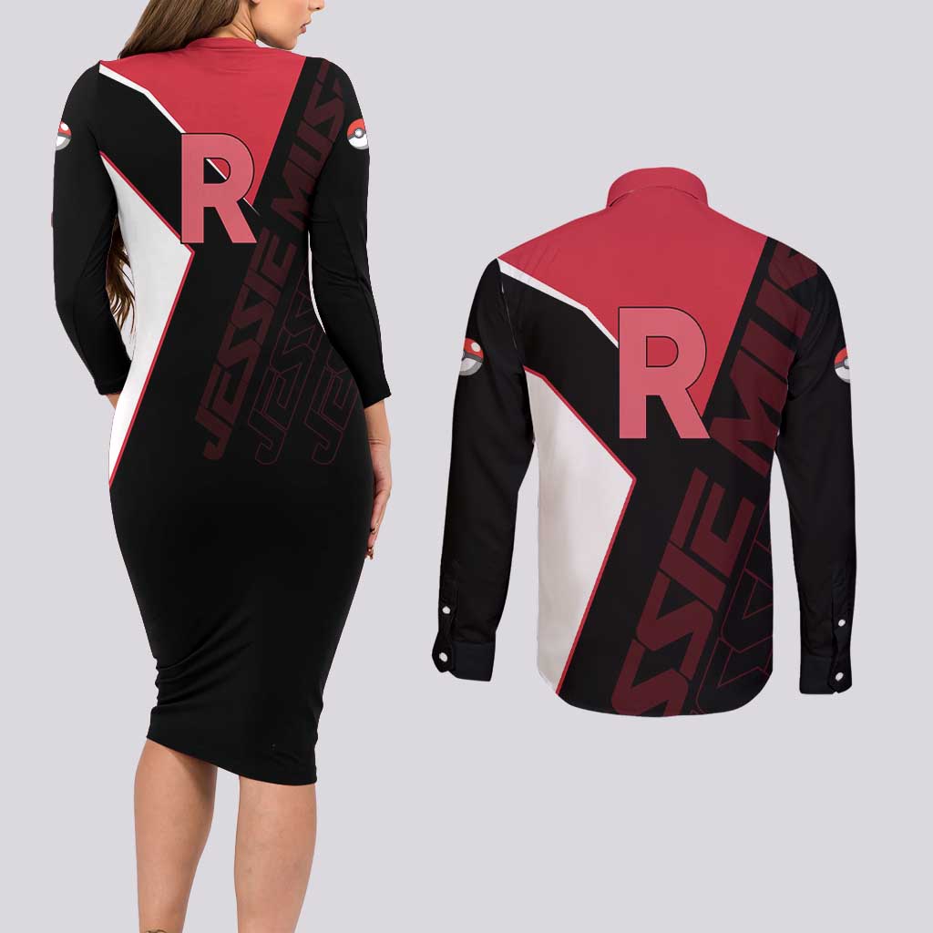 Jessie Musashi Poké Couples Matching Long Sleeve Bodycon Dress and Long Sleeve Button Shirt Bold Villain Anime Style