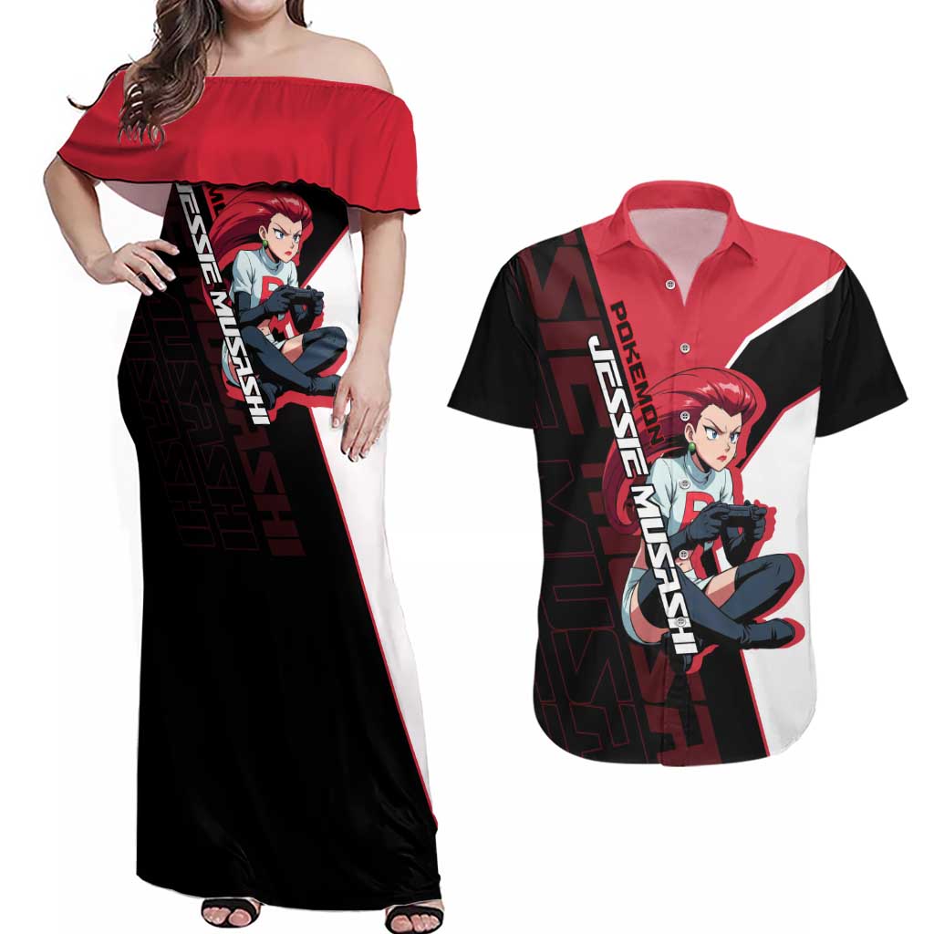 Jessie Musashi Poké Couples Matching Off Shoulder Maxi Dress and Hawaiian Shirt Bold Villain Anime Style