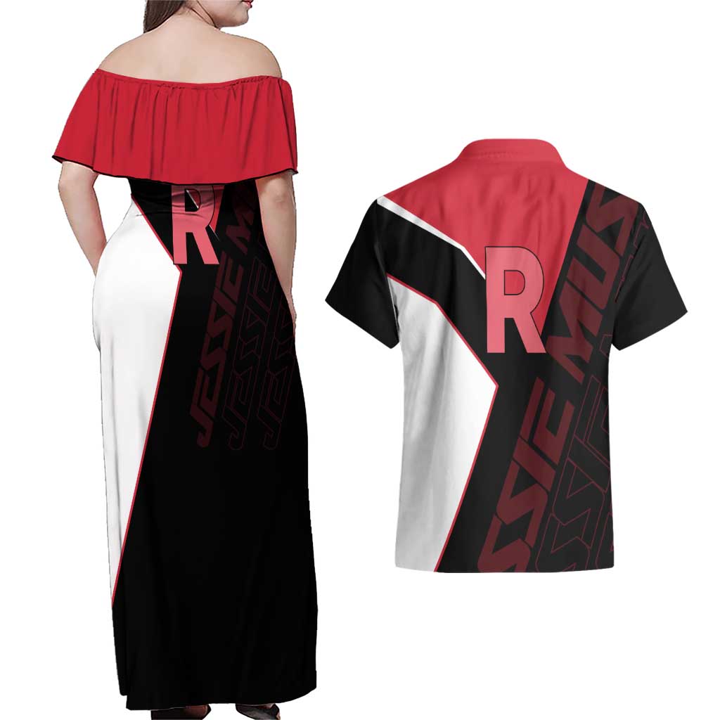 Jessie Musashi Poké Couples Matching Off Shoulder Maxi Dress and Hawaiian Shirt Bold Villain Anime Style