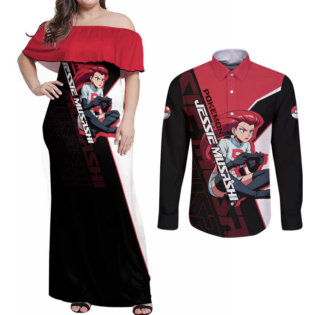 Jessie Musashi Poké Couples Matching Off Shoulder Maxi Dress and Long Sleeve Button Shirt Bold Villain Anime Style
