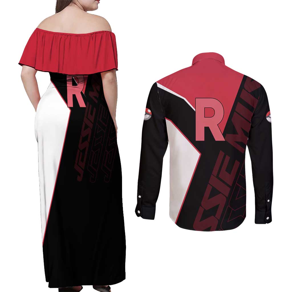 Jessie Musashi Poké Couples Matching Off Shoulder Maxi Dress and Long Sleeve Button Shirt Bold Villain Anime Style