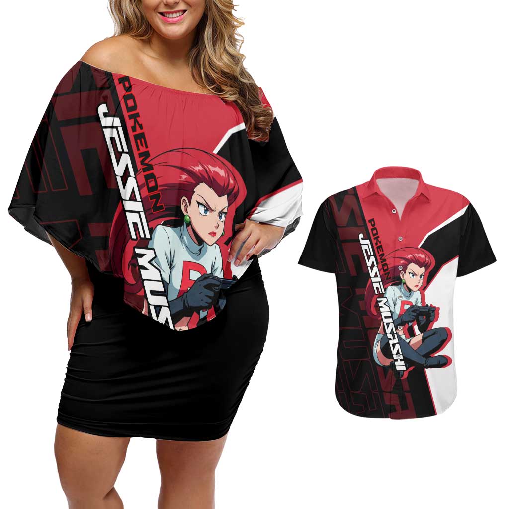 Jessie Musashi Poké Couples Matching Off Shoulder Short Dress and Hawaiian Shirt Bold Villain Anime Style