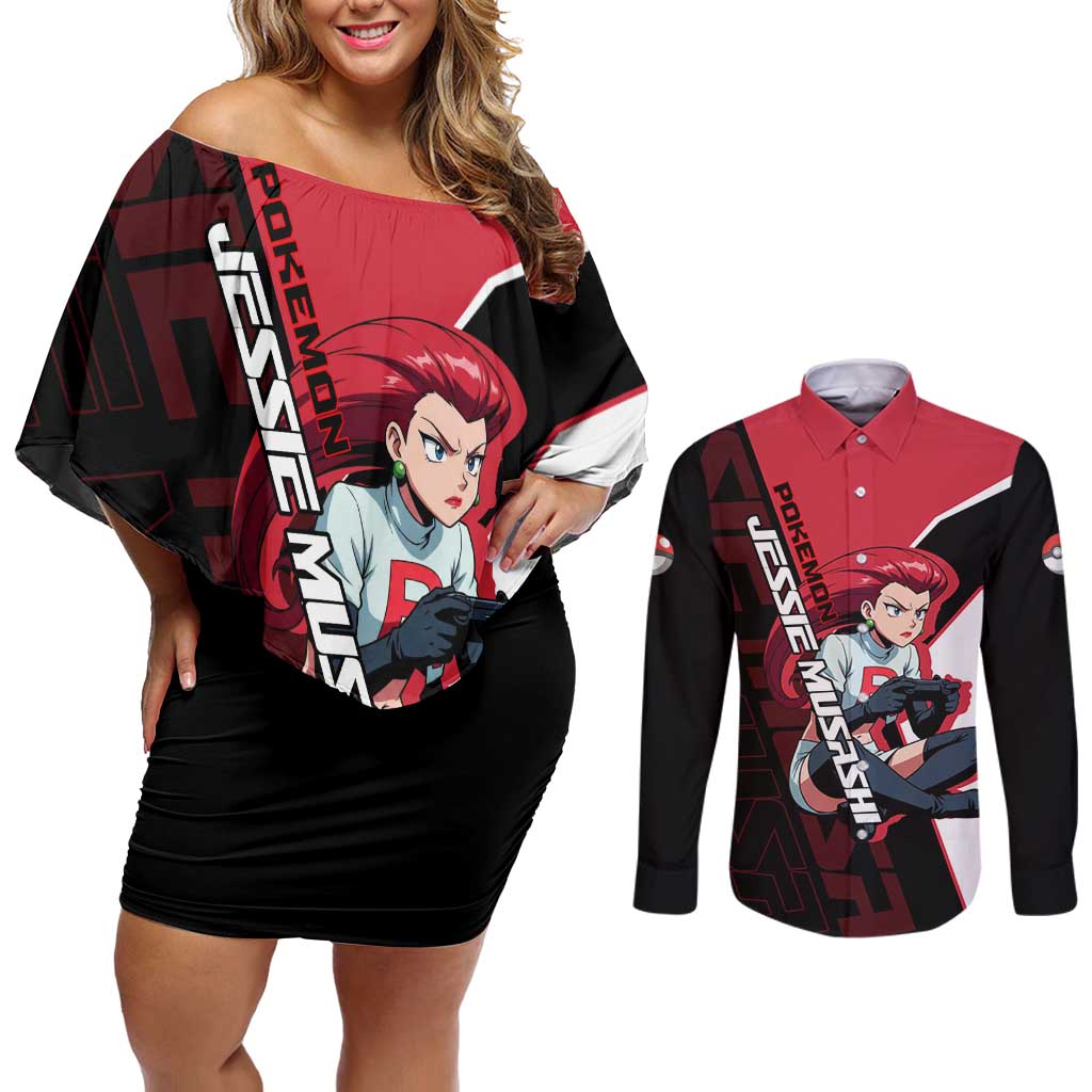Jessie Musashi Poké Couples Matching Off Shoulder Short Dress and Long Sleeve Button Shirt Bold Villain Anime Style