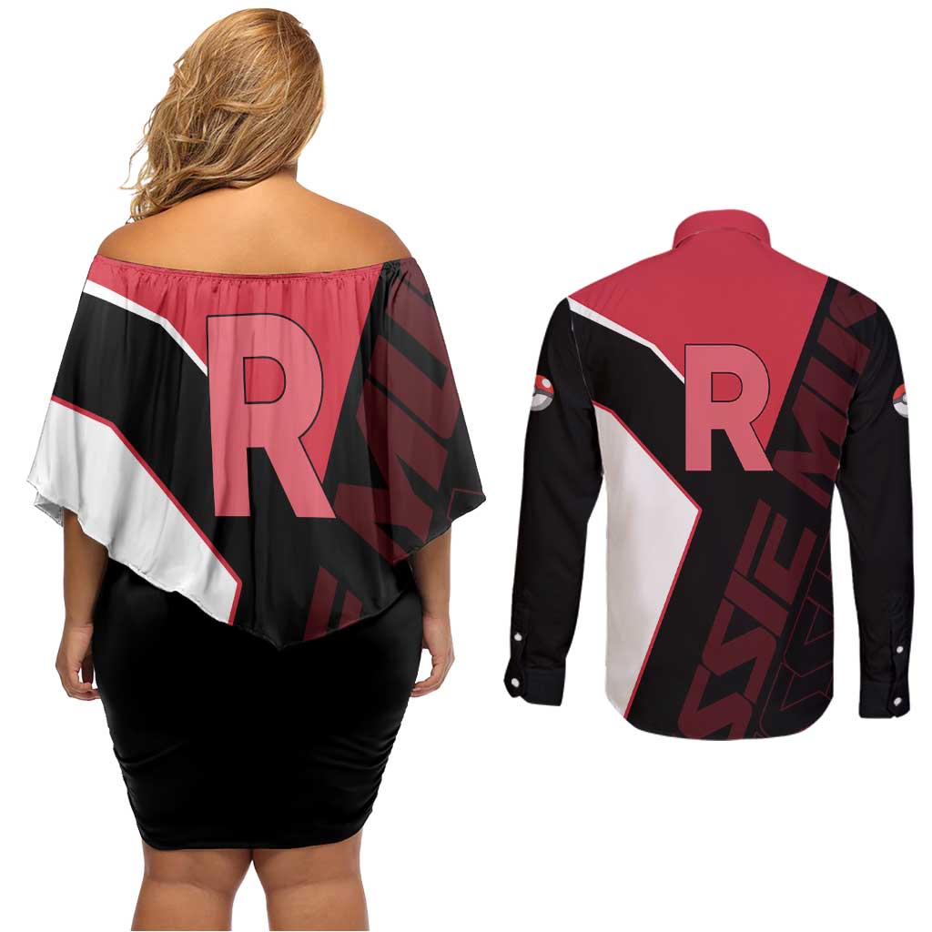 Jessie Musashi Poké Couples Matching Off Shoulder Short Dress and Long Sleeve Button Shirt Bold Villain Anime Style