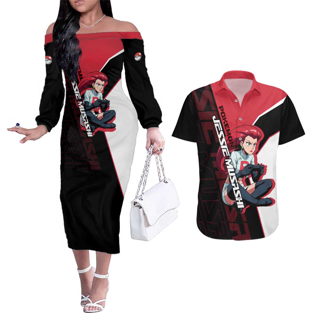 Jessie Musashi Poké Couples Matching Off The Shoulder Long Sleeve Dress and Hawaiian Shirt Bold Villain Anime Style
