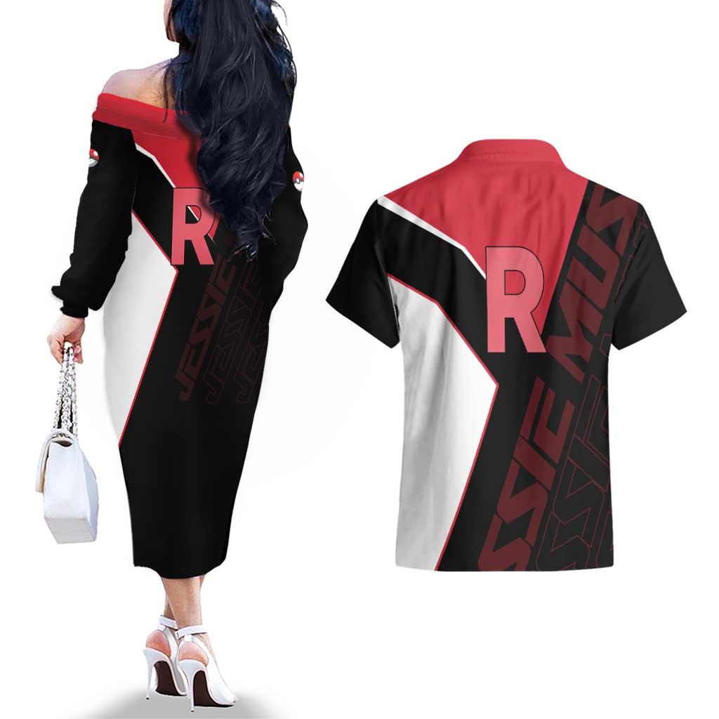 Jessie Musashi Poké Couples Matching Off The Shoulder Long Sleeve Dress and Hawaiian Shirt Bold Villain Anime Style