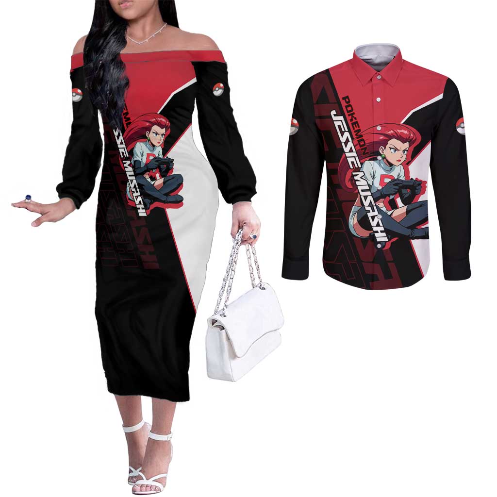 Jessie Musashi Poké Couples Matching Off The Shoulder Long Sleeve Dress and Long Sleeve Button Shirt Bold Villain Anime Style