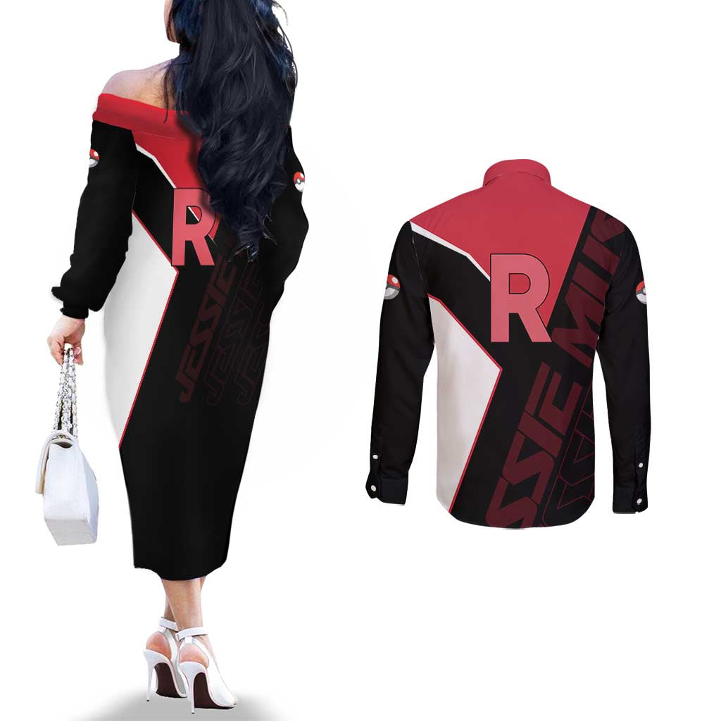 Jessie Musashi Poké Couples Matching Off The Shoulder Long Sleeve Dress and Long Sleeve Button Shirt Bold Villain Anime Style