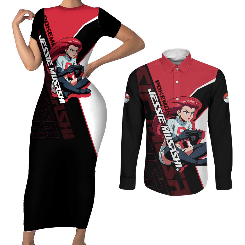 Jessie Musashi Poké Couples Matching Short Sleeve Bodycon Dress and Long Sleeve Button Shirt Bold Villain Anime Style