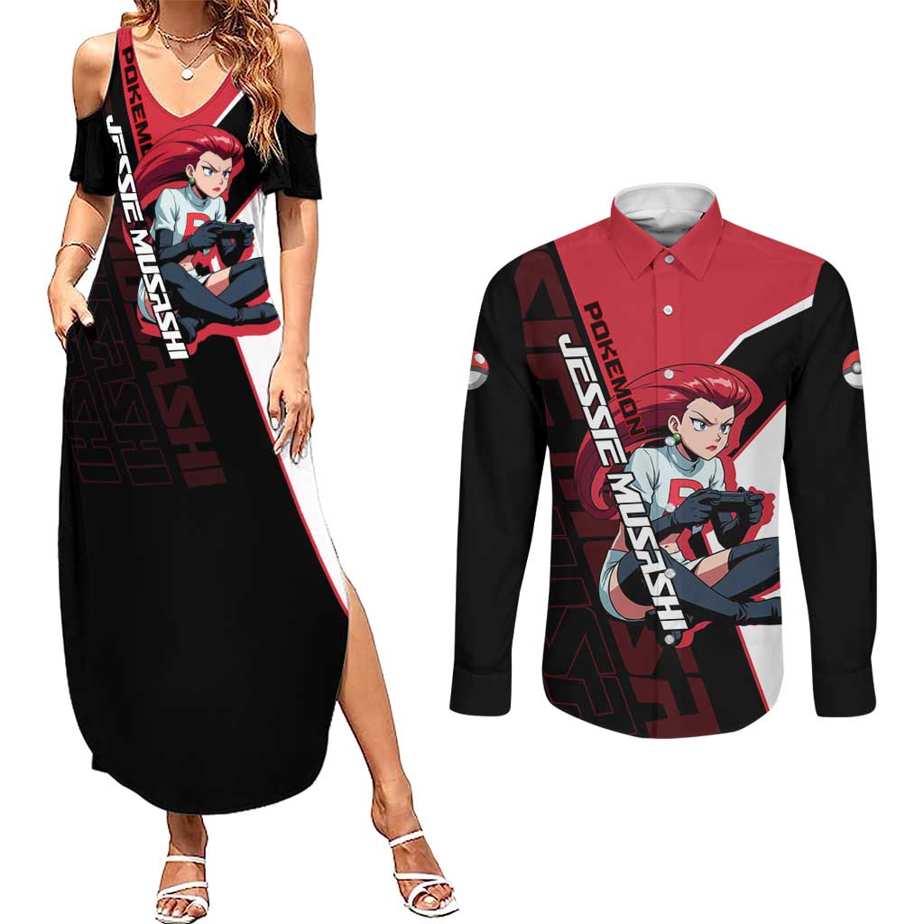 Jessie Musashi Poké Couples Matching Summer Maxi Dress and Long Sleeve Button Shirt Bold Villain Anime Style