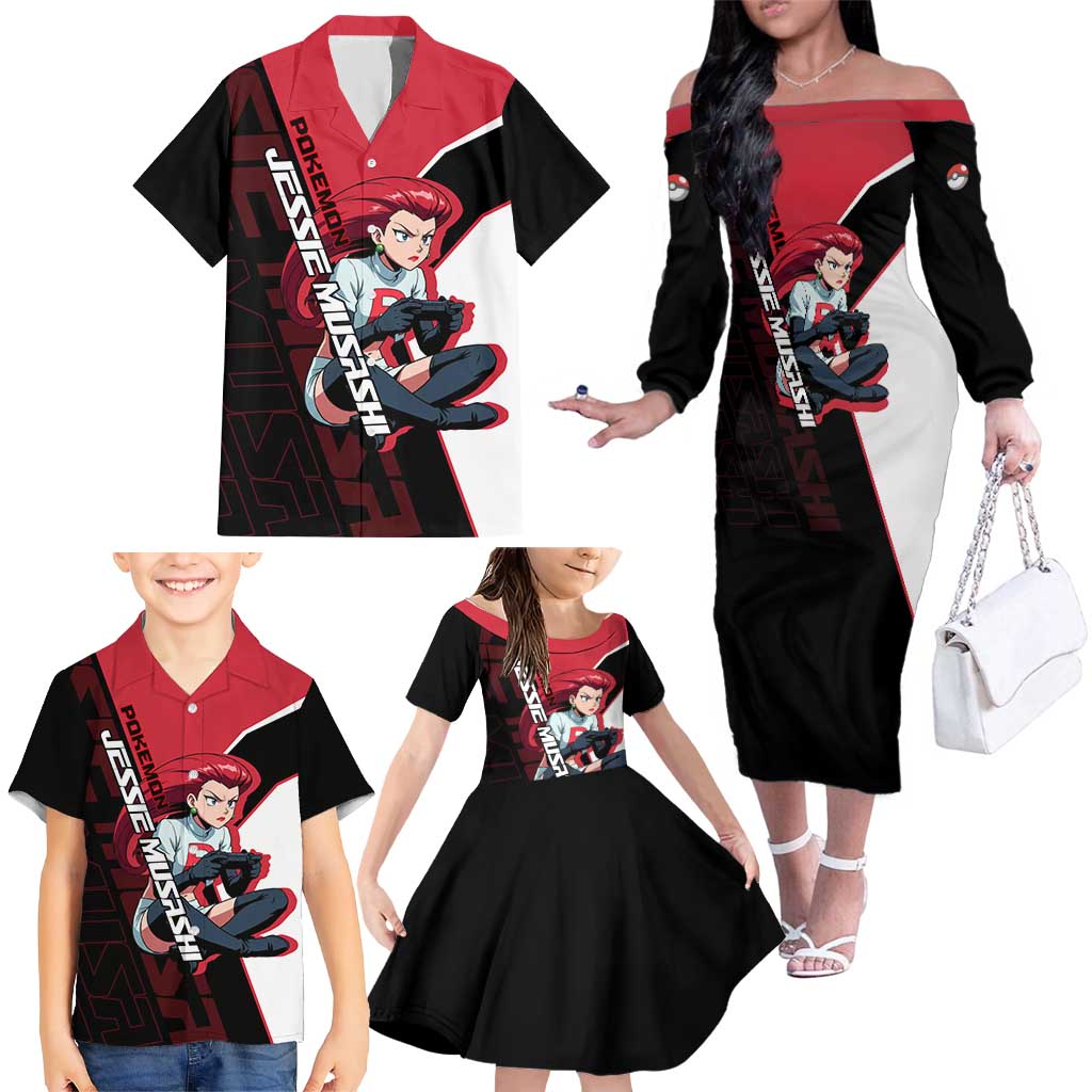 Jessie Musashi Poké Family Matching Off The Shoulder Long Sleeve Dress and Hawaiian Shirt Bold Villain Anime Style