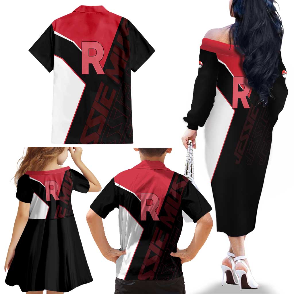 Jessie Musashi Poké Family Matching Off The Shoulder Long Sleeve Dress and Hawaiian Shirt Bold Villain Anime Style