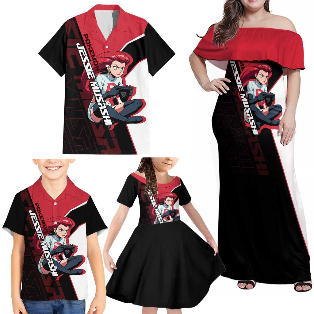 Jessie Musashi Poké Family Matching Off Shoulder Maxi Dress and Hawaiian Shirt Bold Villain Anime Style