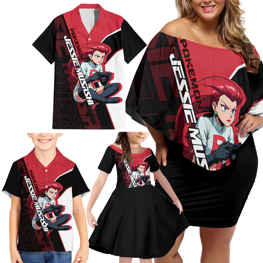 Jessie Musashi Poké Family Matching Off Shoulder Short Dress and Hawaiian Shirt Bold Villain Anime Style