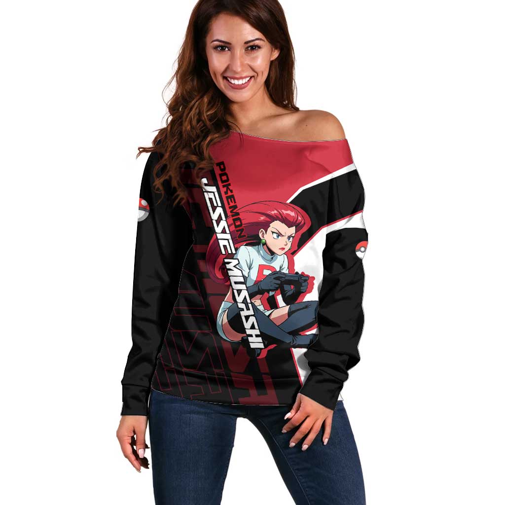 Jessie Musashi Poké Off Shoulder Sweater Bold Villain Anime Style