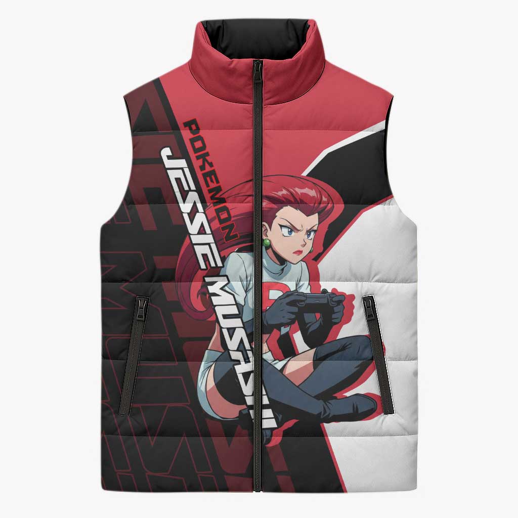 Jessie Musashi Poké Sleeveless Puffer Jacket Bold Villain Anime Style