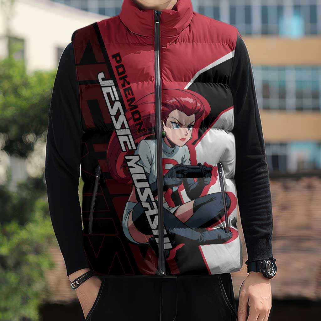 Jessie Musashi Poké Sleeveless Puffer Jacket Bold Villain Anime Style