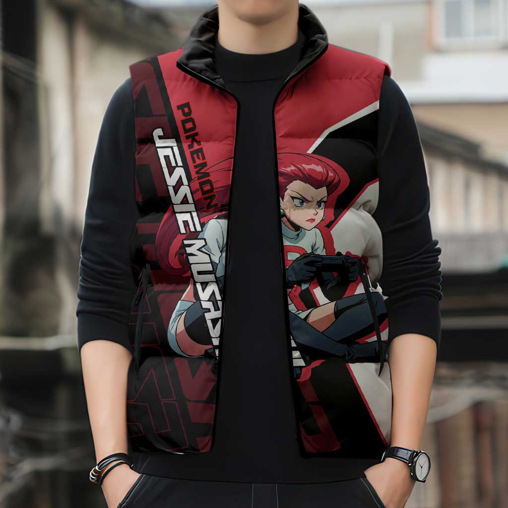 Jessie Musashi Poké Sleeveless Puffer Jacket Bold Villain Anime Style