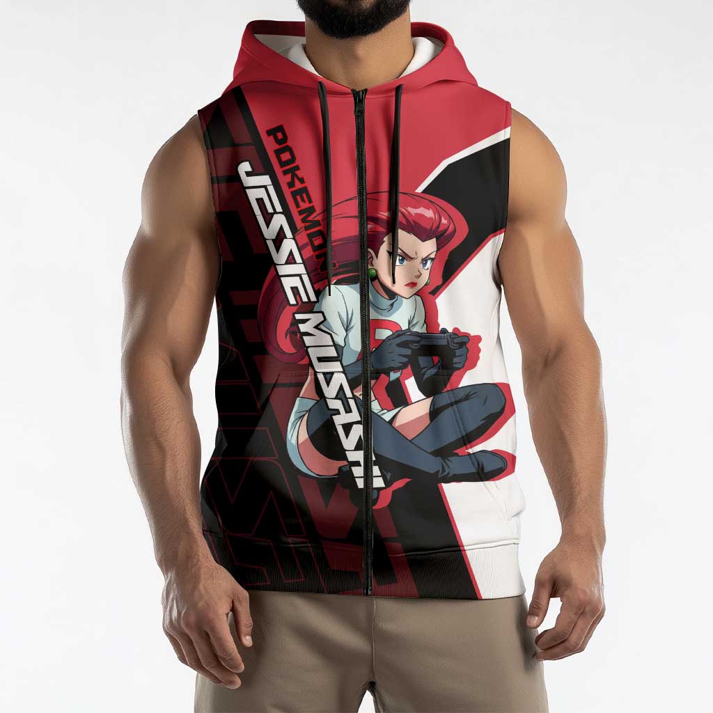 Jessie Musashi Poké Sleeveless Zip Hoodie Bold Villain Anime Style