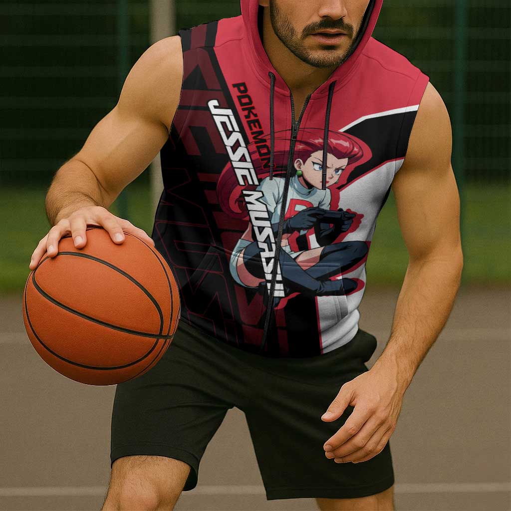 Jessie Musashi Poké Sleeveless Zip Hoodie Bold Villain Anime Style