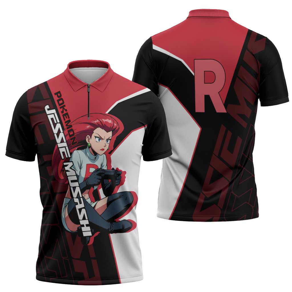 Jessie Musashi Poké Zipper Polo Shirt Bold Villain Anime Style