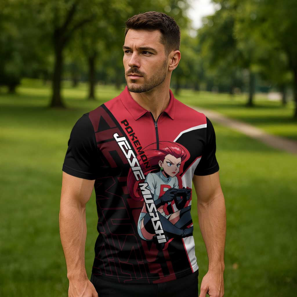 Jessie Musashi Poké Zipper Polo Shirt Bold Villain Anime Style