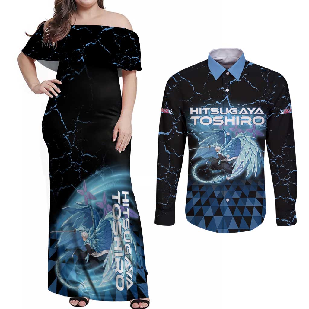 Hitsugaya Toshiro Bleach Couples Matching Off Shoulder Maxi Dress and Long Sleeve Button Shirt Ice Element Anime Crystal Style