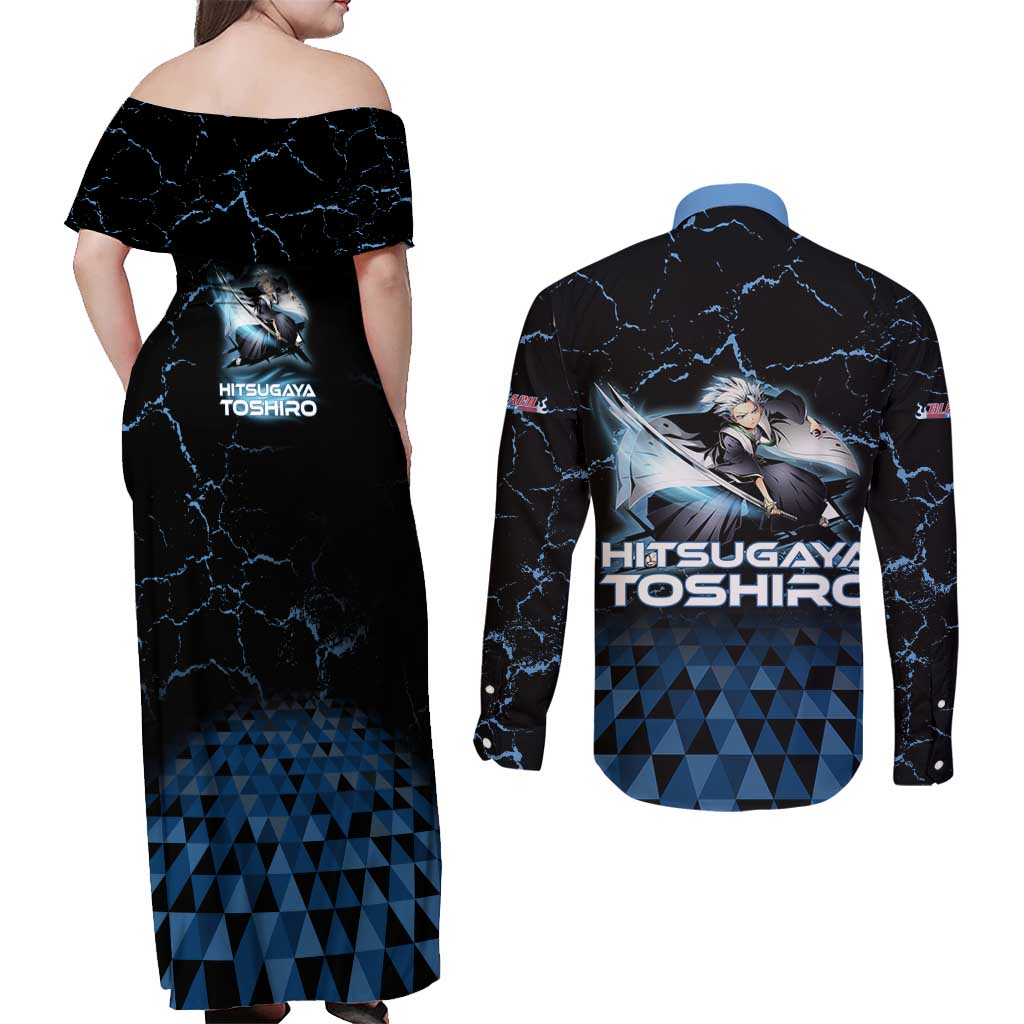 Hitsugaya Toshiro Bleach Couples Matching Off Shoulder Maxi Dress and Long Sleeve Button Shirt Ice Element Anime Crystal Style