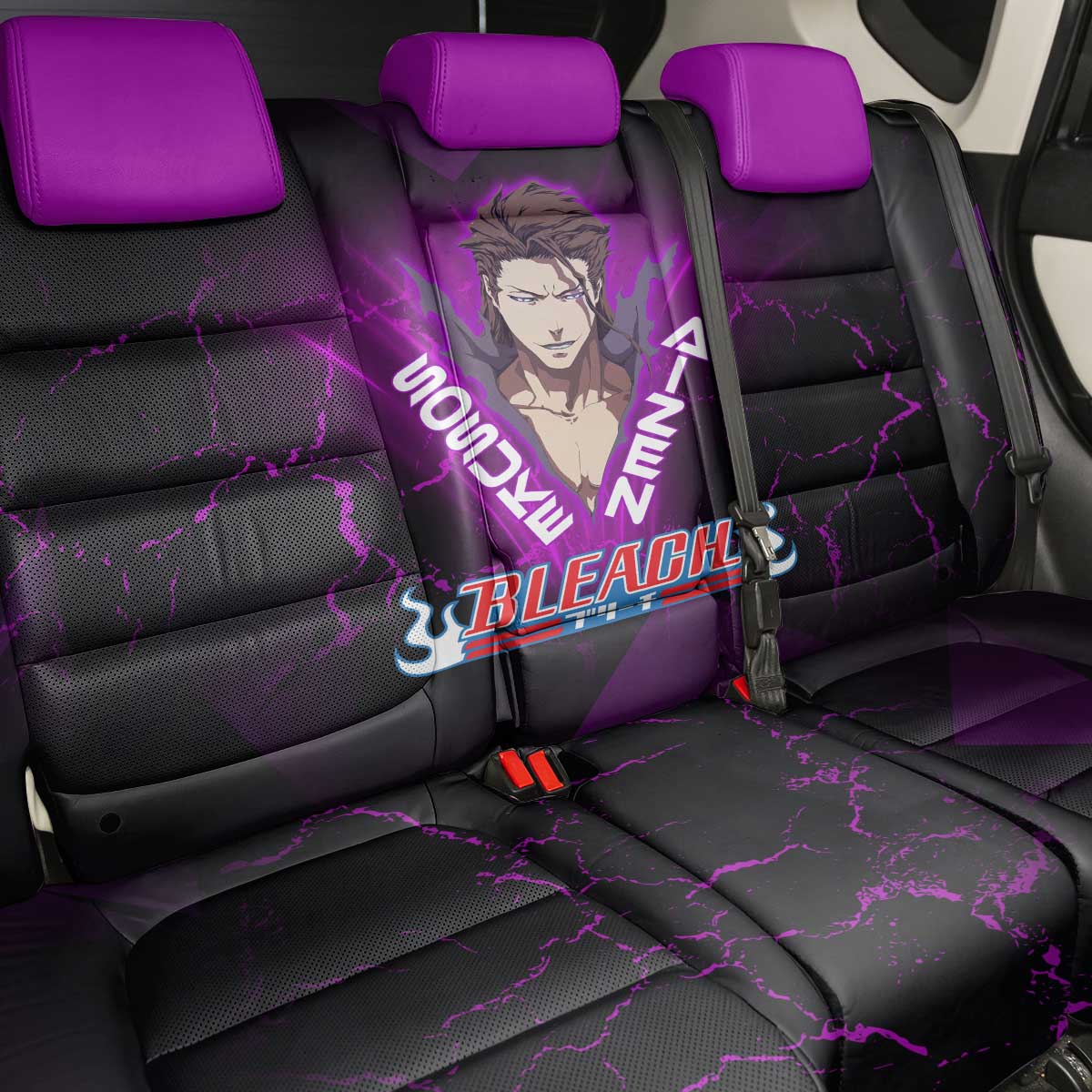 Sosuke Aizen Back Car Seat Cover Neon Purple Anime Energy Aura Illustration