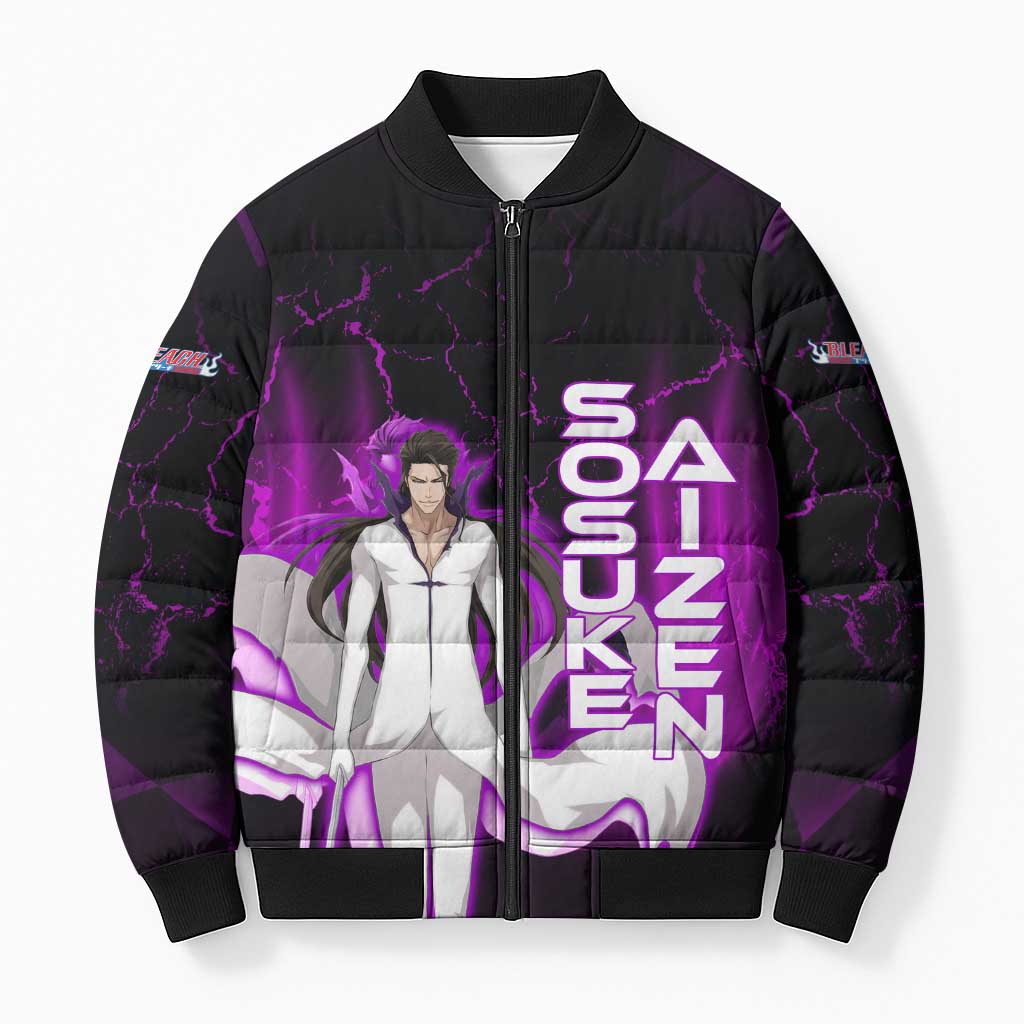 Sosuke Aizen Bomber Puffer Jacket Neon Purple Anime Energy Aura Illustration
