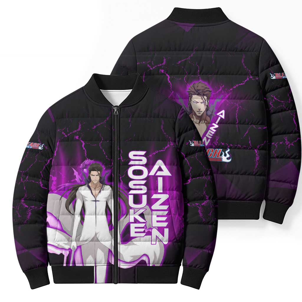 Sosuke Aizen Bomber Puffer Jacket Neon Purple Anime Energy Aura Illustration