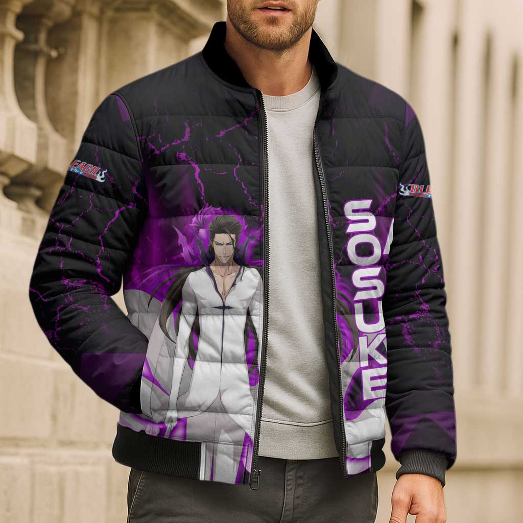 Sosuke Aizen Bomber Puffer Jacket Neon Purple Anime Energy Aura Illustration