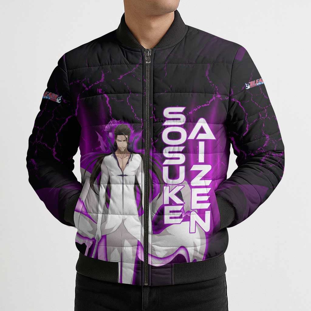 Sosuke Aizen Bomber Puffer Jacket Neon Purple Anime Energy Aura Illustration