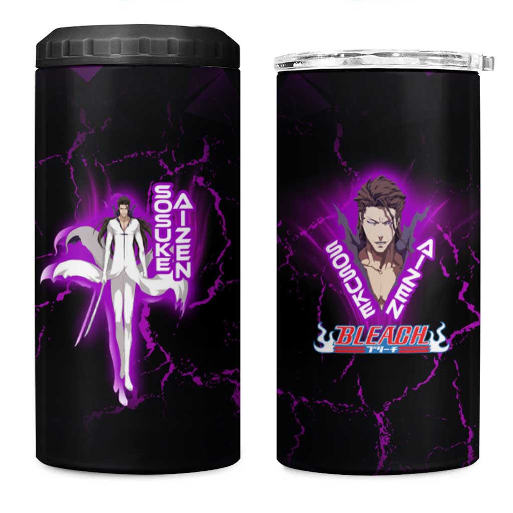 Sosuke Aizen 4 in 1 Can Cooler Tumbler Neon Purple Anime Energy Aura Illustration