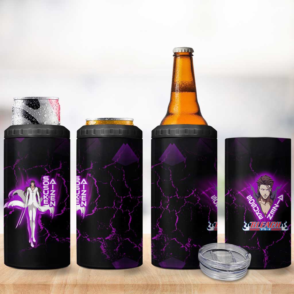 Sosuke Aizen 4 in 1 Can Cooler Tumbler Neon Purple Anime Energy Aura Illustration