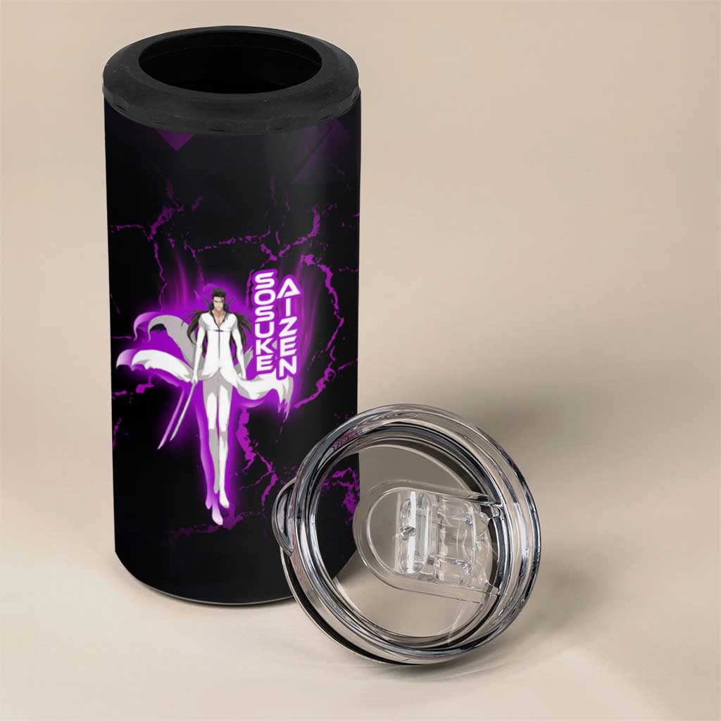 Sosuke Aizen 4 in 1 Can Cooler Tumbler Neon Purple Anime Energy Aura Illustration