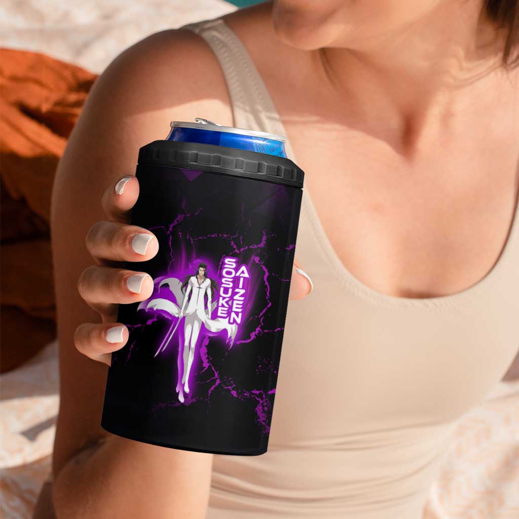 Sosuke Aizen 4 in 1 Can Cooler Tumbler Neon Purple Anime Energy Aura Illustration