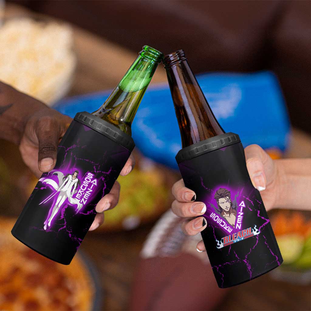 Sosuke Aizen 4 in 1 Can Cooler Tumbler Neon Purple Anime Energy Aura Illustration