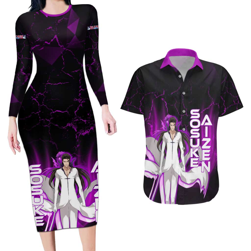 Sosuke Aizen Couples Matching Long Sleeve Bodycon Dress and Hawaiian Shirt Neon Purple Anime Energy Aura Illustration