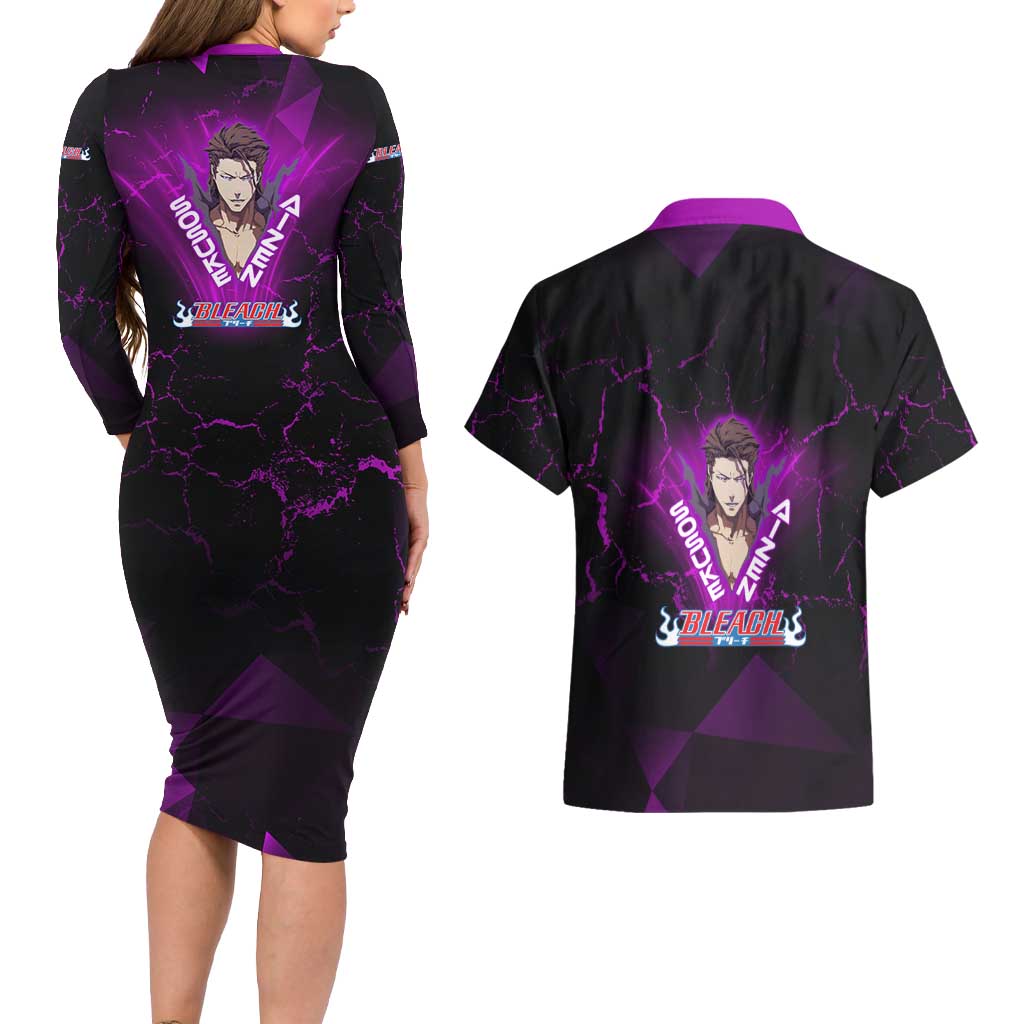 Sosuke Aizen Couples Matching Long Sleeve Bodycon Dress and Hawaiian Shirt Neon Purple Anime Energy Aura Illustration