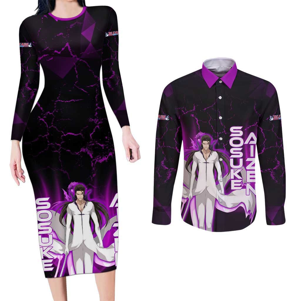 Sosuke Aizen Couples Matching Long Sleeve Bodycon Dress and Long Sleeve Button Shirt Neon Purple Anime Energy Aura Illustration