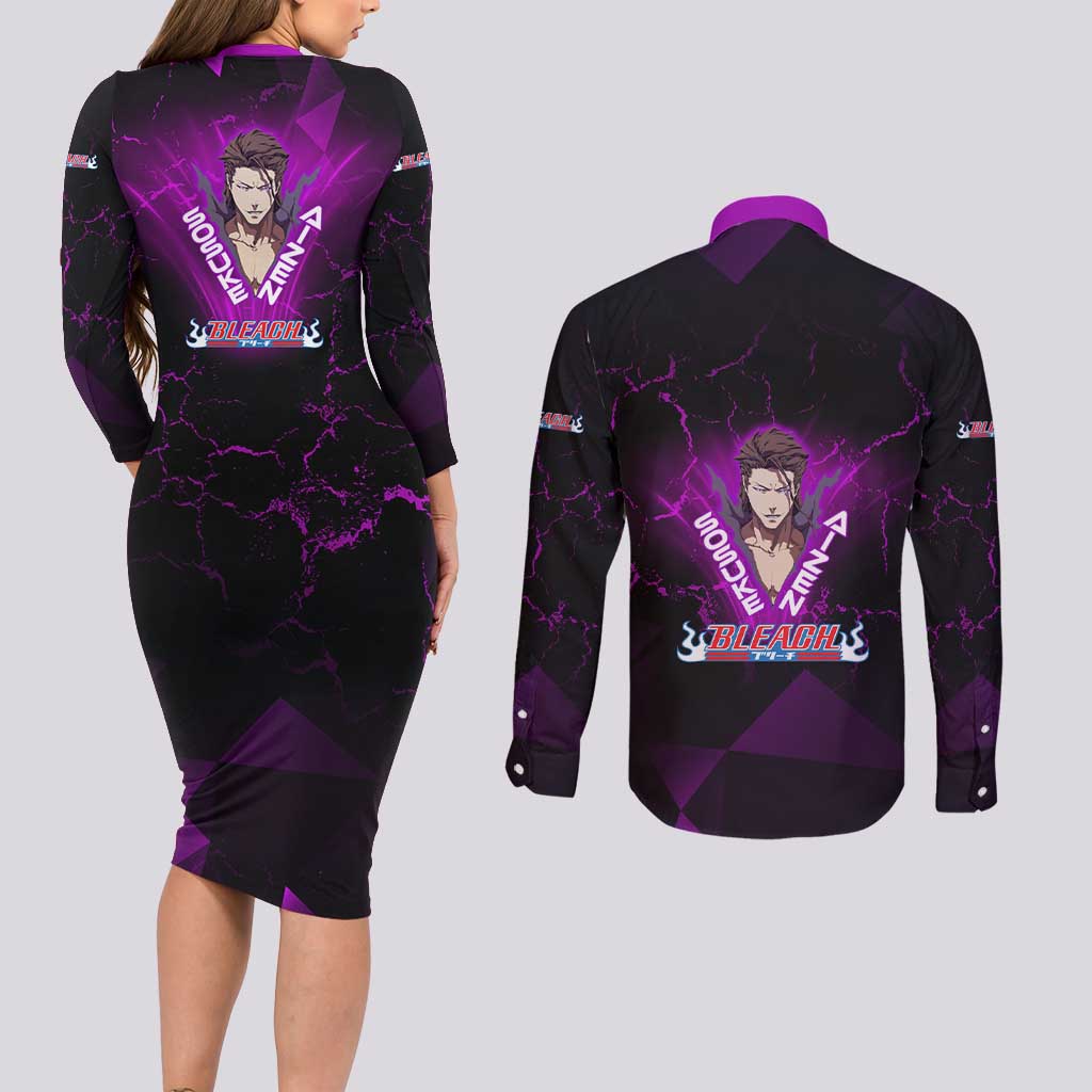 Sosuke Aizen Couples Matching Long Sleeve Bodycon Dress and Long Sleeve Button Shirt Neon Purple Anime Energy Aura Illustration