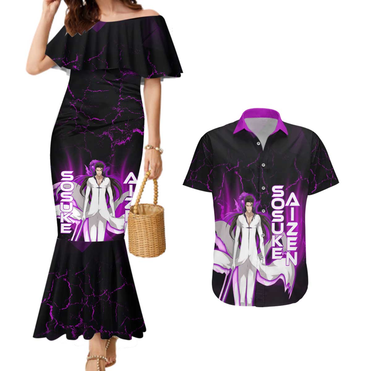 Sosuke Aizen Couples Matching Mermaid Dress and Hawaiian Shirt Neon Purple Anime Energy Aura Illustration