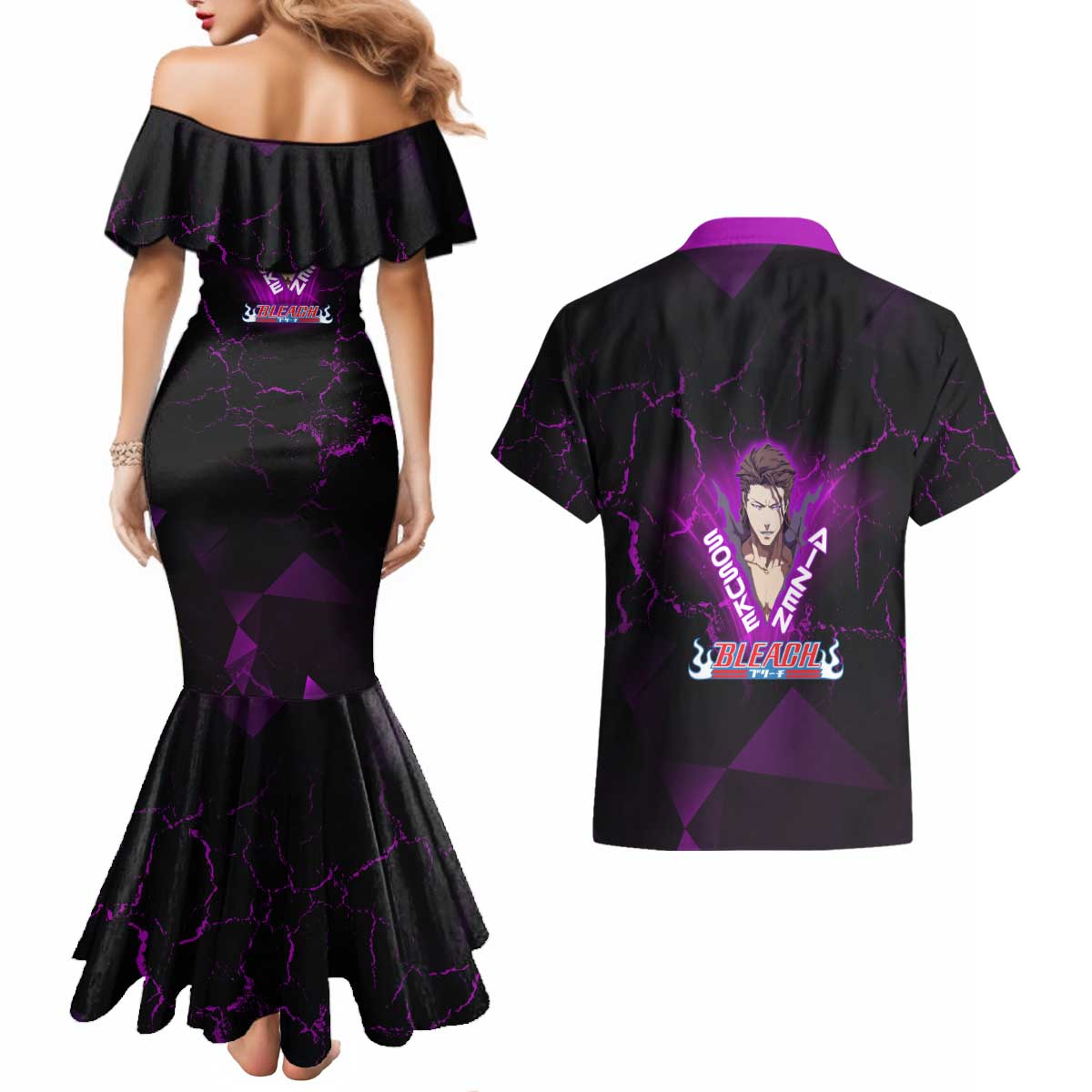 Sosuke Aizen Couples Matching Mermaid Dress and Hawaiian Shirt Neon Purple Anime Energy Aura Illustration