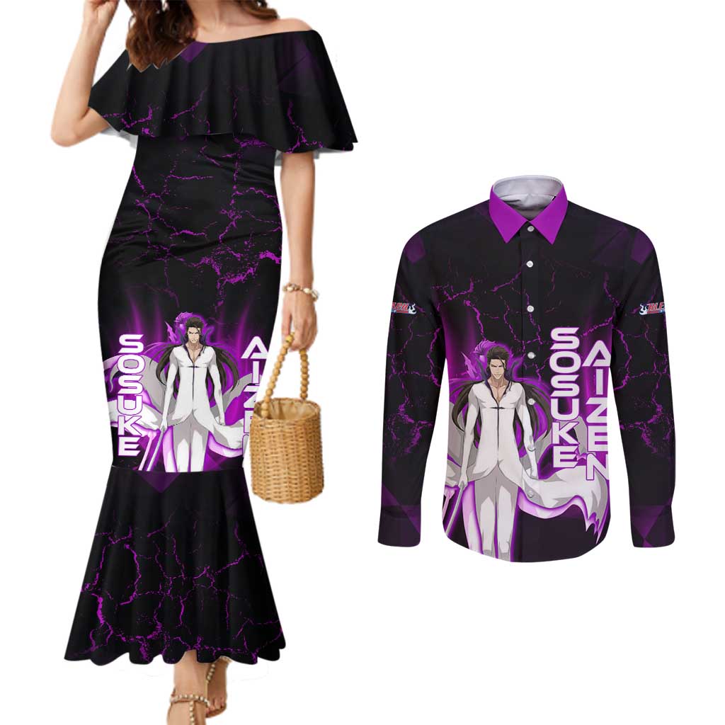 Sosuke Aizen Couples Matching Mermaid Dress and Long Sleeve Button Shirt Neon Purple Anime Energy Aura Illustration
