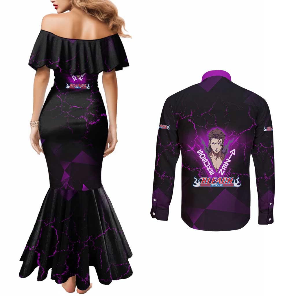 Sosuke Aizen Couples Matching Mermaid Dress and Long Sleeve Button Shirt Neon Purple Anime Energy Aura Illustration