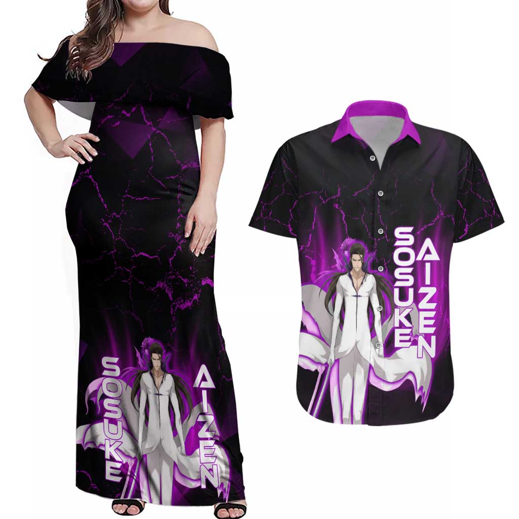 Sosuke Aizen Couples Matching Off Shoulder Maxi Dress and Hawaiian Shirt Neon Purple Anime Energy Aura Illustration