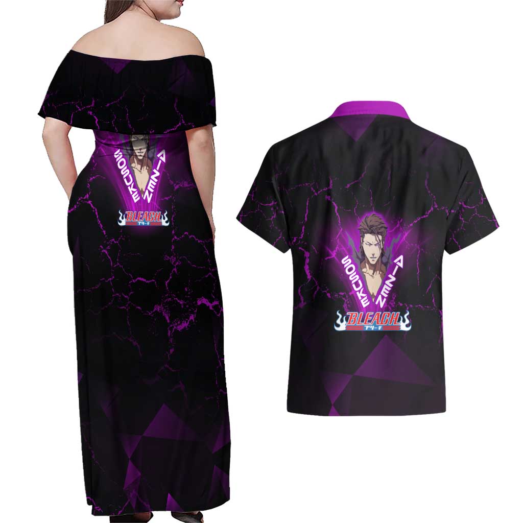 Sosuke Aizen Couples Matching Off Shoulder Maxi Dress and Hawaiian Shirt Neon Purple Anime Energy Aura Illustration
